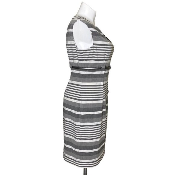 Calvin Klein Striped Belted Sheath Dress Gray White Empire Waist Women's Size 14 - Picture 5 of 10